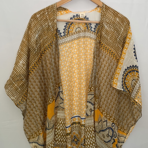RAJ Boho Lightweight Cotton Kimono w/ Tassels Yellow Tan Beach Coverup - Picture 2 of 12